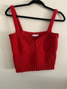 Zara Women's Crochet Knit Cropped Tank Top Red Brallette